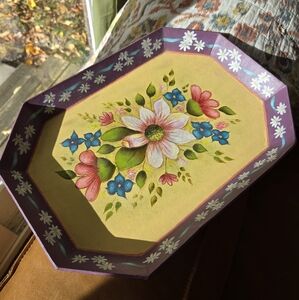Vintage Hand-Painted Floral Wooden Tray – Tole-Style Folk Art Decor